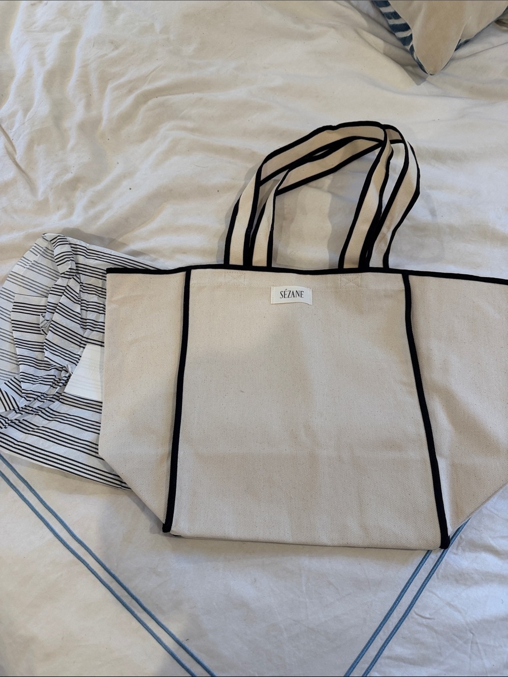 Sezane Cream Canvas Tote with Black Trim